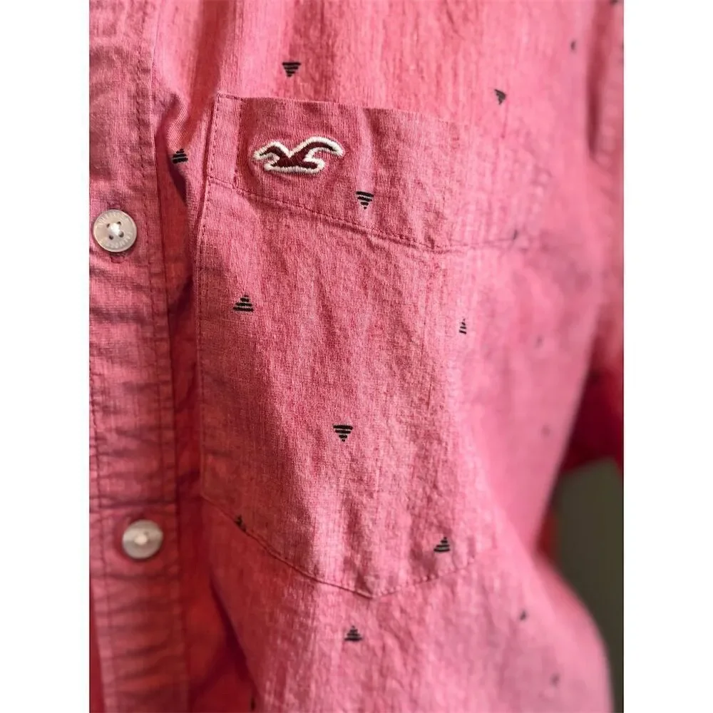 Hollister Boys XL Pink‎ Slim Fit Short Sleeve Button-Up Collared Shirt Preppy